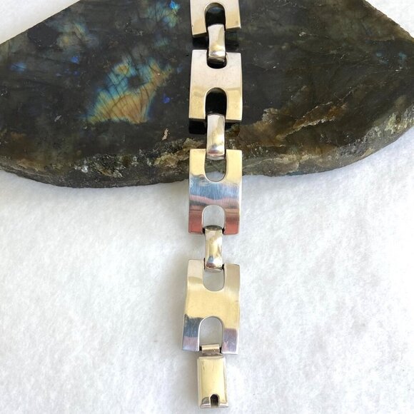 Solid Sterling Silver 925 Heavy Modernist Style Rectangular Link Bracelet 47g - Picture 13 of 16